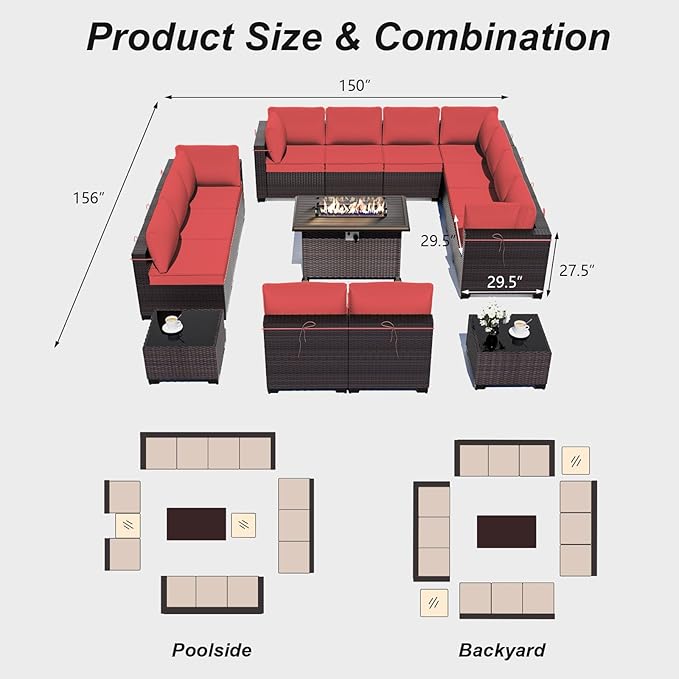 ALAULM Patio Furniture Set with Fire Pit Table 55000 BTU, Outdoor Sectional with Wide Seat and Thick Cushion, 15 Piece Wicker Rattan Conversation Set with Coffee Table for Garden, Deck, Red ALAULM