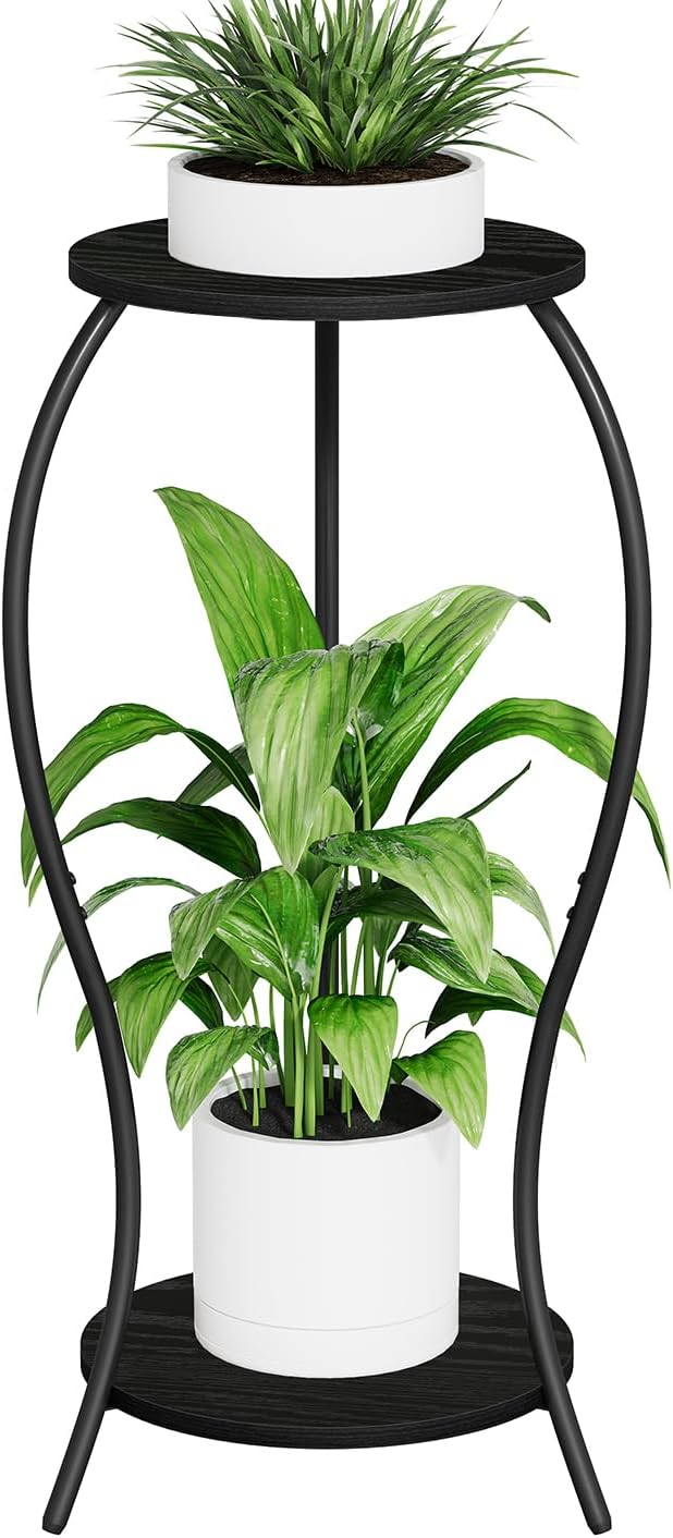 Plant Stand Indoor, 2 Tier Round Tall Plant Stand, Flower Pot Stand, Plant Shelf Rack, Corner Plant Stand for Planter Garden Balcony Patio Living Room (Black-Wood, 2 Tier) VYUOL