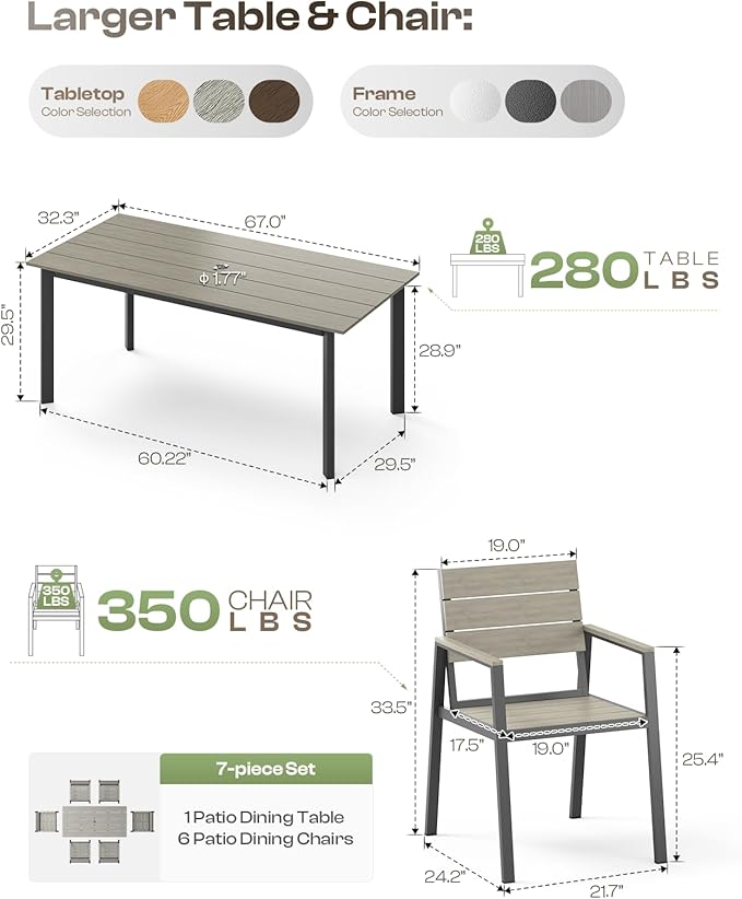 Outdoor Dining Set for 6, Aluminum Patio Table and Chairs Set with Umbrella Hole, 7 Piece HDPS Outdoor Furniture Sets for Patio, Garden (Gray) Oasbira