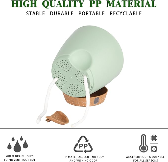 Self-Watering Plant Pots for Indoor Plants: 5/6 Inch Plastic Planter with Water Level Indicator, Drainage Holes & Deep Reservoir, Modern Decorative Flower Pot (Green) THEJIYUE