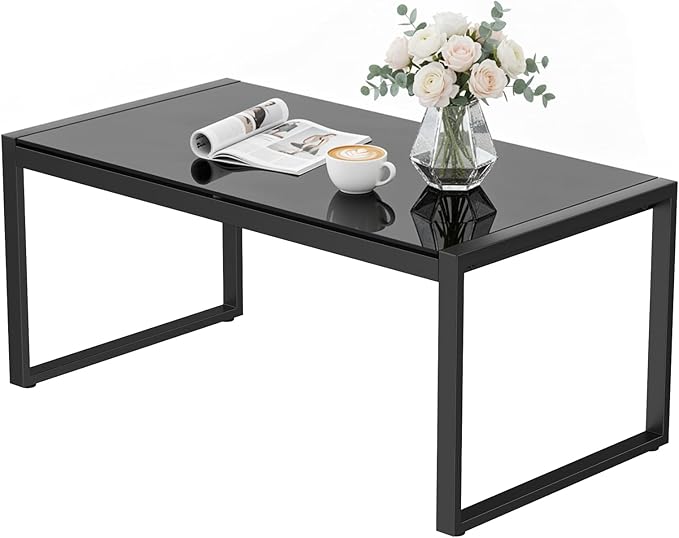 ONBRILL Rectangle Coffee Table with Tempered Glass Desktop, Galvanized Frame Outdoor Coffee Table with Adjustable Feet for Patio, Balcony, Deck, Living Room, Black ONBRILL