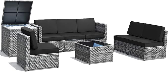Tangkula 8 Pieces Wicker Patio Furniture Set with Storage Deck Box, PE Rattan Outdoor Sectional Sofa Conversation Set with Coffee Table & Cushions, Outside Furniture for Garden Yard Poolside (Black) TANGKULA