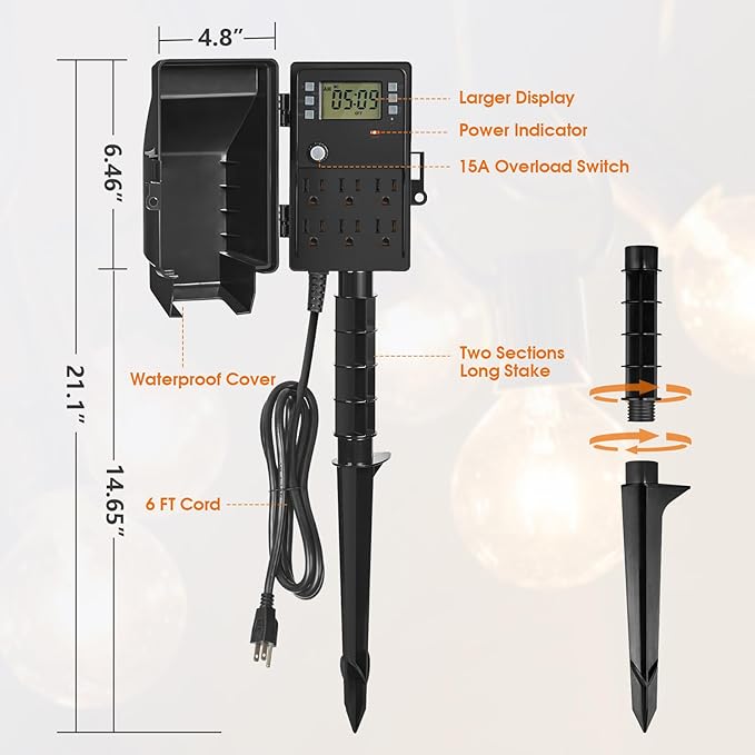 SURAIELEC Outdoor Power Stake, 7-Day Programmable Digital Timer, Power Strip Weatherproof, 6 Multi Plug Electrical Outlet Waterproof, 6FT Extension Cord for Outdoor Light, Outside Halloween Decoration SURAIELEC