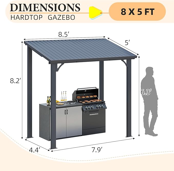 AECOJOY 8' x 5' Hardtop Grill Gazebo Outdoor Pergola, Small Heavy Duty Lean to Metal Pergolas and Gazebos Clearance, Wall-Mounted Grill Gazebo Galvanized Steel Patio Roof Awnings for Patio, Decks AECOJOY