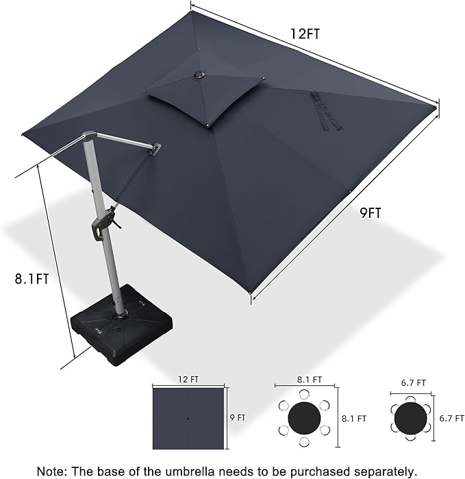 PURPLE LEAF 9' X 12' Patio Umbrella Outdoor Rectangle Umbrella Large Cantilever Umbrella Windproof Offset Heavy Duty Sun for Garden Deck Pool Patio, Grey PURPLELEAF