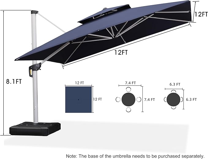 PURPLE LEAF 12 Feet Double Top Deluxe Square Patio Umbrella Offset Hanging Umbrella Cantilever Outdoor Market Garden Umbrella, Navy Blue PURPLELEAF