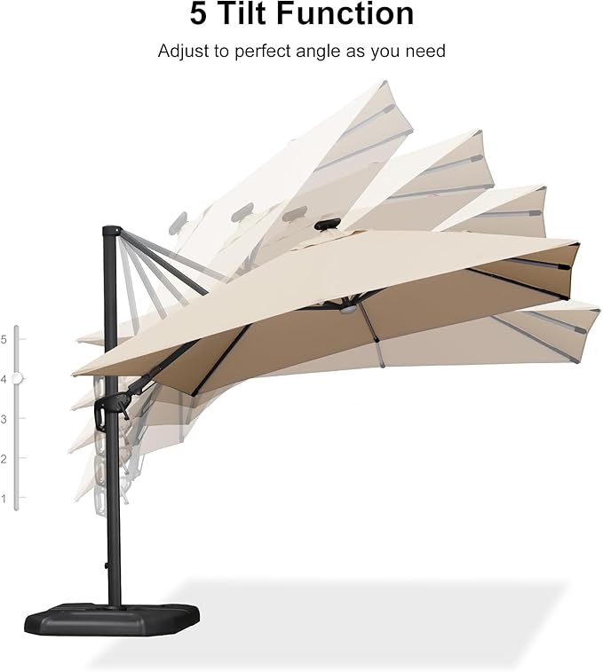 PURPLE LEAF 10 Feet Patio Umbrella with Base Outdoor Cantilever Solar Powered LED Swivel Square Umbrella Aluminum Offset Umbrella with 360-degree Rotation for Garden Deck Pool Patio, Beige PURPLELEAF