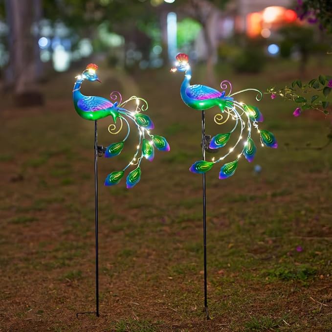 DREAMSOUL 2 Pack Metal Peacock Solar Lights Outdoor Waterproof LED Solar Lights, Decorative Garden Stakes for Yard Pathway Peacock Decor DREAMSOUL