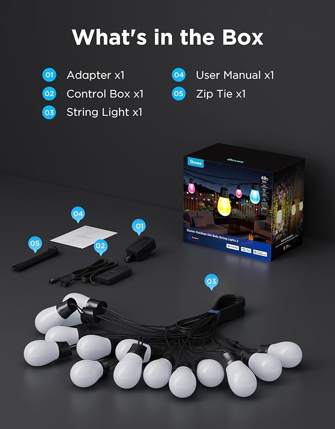 Govee S14 Bulb Outdoor String Lights 2, 48ft Smart RGBIC Warm White Patio Lights with 15 LED Bulbs, 111 Scene Modes for Outdoor Decor, Upgraded IP66 Compatible with Alexa, Google, Matter, APP Control Govee