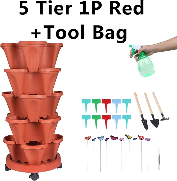 GameXcel Vertical Planter, 5 Tier Stackable Strawberry Planter with Garden Tool Set, Movable Indoor/Outdoor Garden Herb Pot for Growing Vegetables and Succulents, Red GameXcel