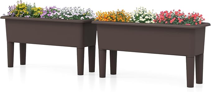Giantex Raised Garden Beds Outdoor Set of 2, Self-Watering Planter Box with Detachable Legs & Drainage Hole, Outdoor Raised Container for Vegetable Fruit Herbs, 31.5”Lx12”Wx16”H, Easy Assembly (Brown) Giantex
