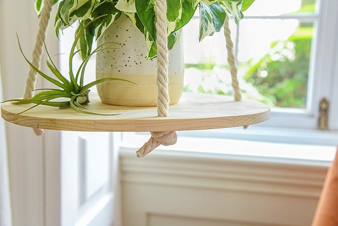 Dahey Hanging Plant Shelf Round Wood Rope Hanging Floating Shelf Boho Home Decor Display Planter Rack for Living Room Bedroom Kitchen Room,Nature Dahey