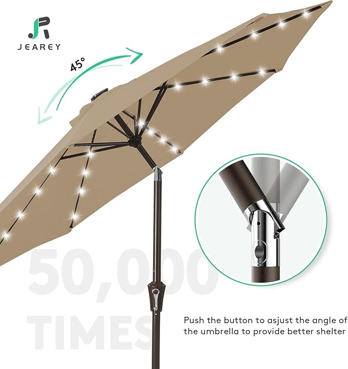 JEAREY 9FT Outdoor Patio Umbrella with Solar Lights, LED Lighted Pool Umbrella with Tilt and Crank, Outdoor Table Umbrellas for Deck, Yard & Market (Beige) JEAREYOutdoorsCollection