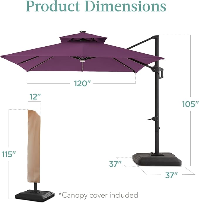 Best Choice Products 10x10ft Cantilever Patio Umbrella w/Base Included, Solar LED Lights 360 Rotation Large Offset Hanging Outdoor Shade for Deck Pool Backyard w/Stand – Amethyst Purple BestChoiceProducts