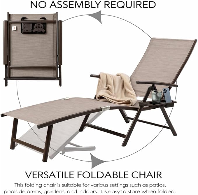 Kozyard Cozy Aluminum Reclining Lounge Chair - Perfect for Beach, Yard, Pool, and Patio Outdoor Chaise Lounge with Drink Holder, Weather Free Adjustable Assemble Free Beige Strip Kozyard