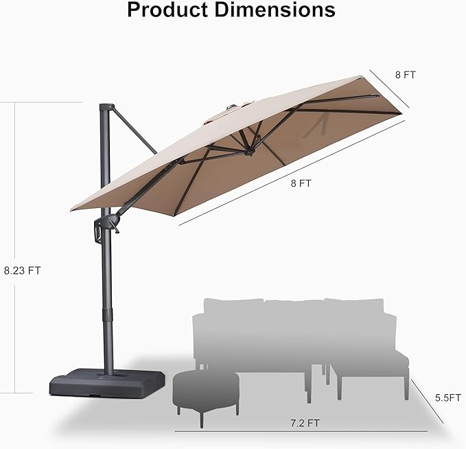 PURPLE LEAF 8 FT Outdoor Umbrella with Base Patio Cantilever Aluminum Umbrella with 3 Years Fade Resistance Recycled Fabric Offset Square with 360-degree Rotation for Deck Pool Garden, Sand Dune Rootora