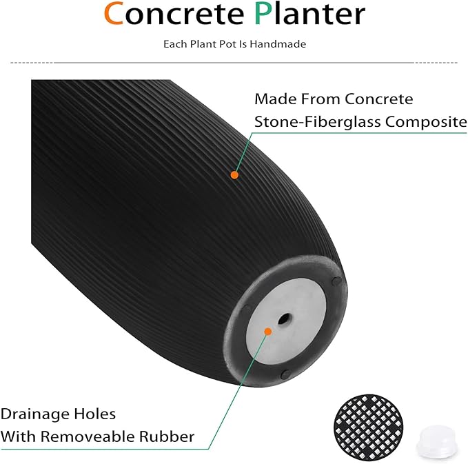 Tall Planters for Outdoor Plants, Large Concrete Flower Pots for Garden Front Porch, Patio, Indoor (Vertical Black) Heyzier
