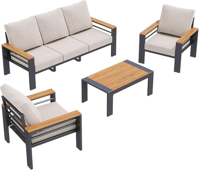 Aoxun Aluminum Outdoor Patio Furniture Set, 5 Seats Outdoor Sectional with Coffee Table, Patio Conversation Sets with Upgraded Armrests and Cushions for Backyard, Garden and Poolside(Grey) Aoxun
