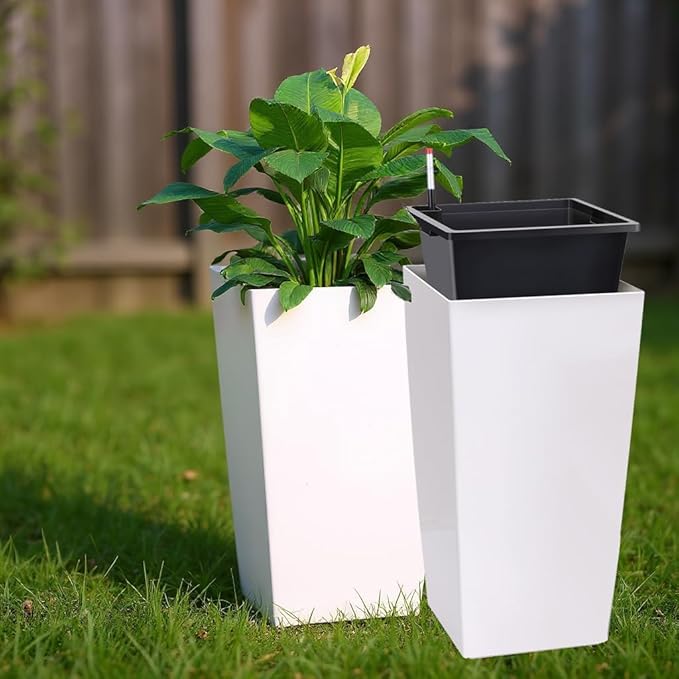 30 Inch Tall Self Watering Planters Set of 2, Outdoor Plant Pots with Automatic Watering System, Water Level Monitor, Drainage, Wheels & Inner Bucket, for Front Porch & Indoor Plants White Rootora