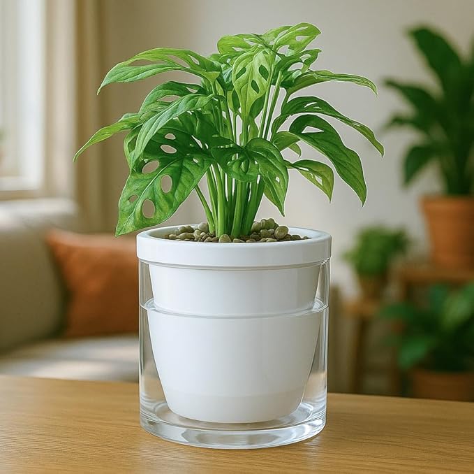 D'vine Dev 6 Inch Design Self Watering Planter for Indoor Plants, White Terracotta Pots with Cylinder Glass Cup, Set of 2, 37-Y-B-2 DvineDevPlanterPotsandStand