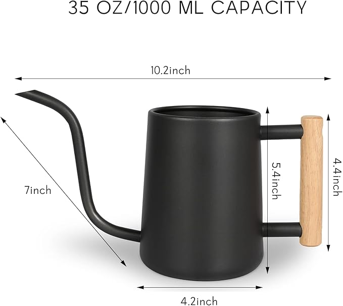 Watering Can for Indoor Plants, 35 oz/1000 ml Metal Stainless Steel Pot with Long Spout for House Plants Bonsai Outdoor Garden Flower Decorative (Black) Rootora