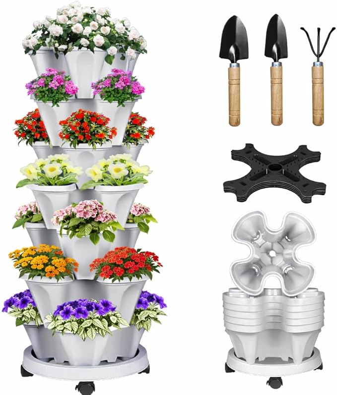 Vertical Strawberry Planter 7 Tier Stackable Tower Herb Planters-Stacking Garden Outdoor Grey Planter Pot with Tools Mover for Succulents, Vegetables and Flowers Bociks