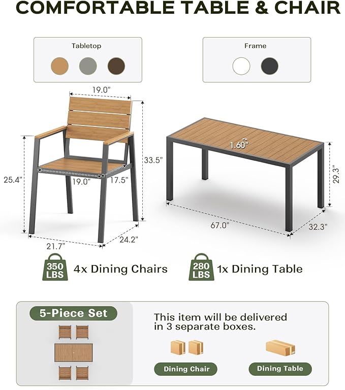 5-Piece Outdoor Dining Set, Aluminum Dining Table Set for 4, Patio Table and Chairs Set with Umbrella Hole, All Weather HDPS Outdoor Table and Chairs for 4 (Gray-Teak) Vexwalx