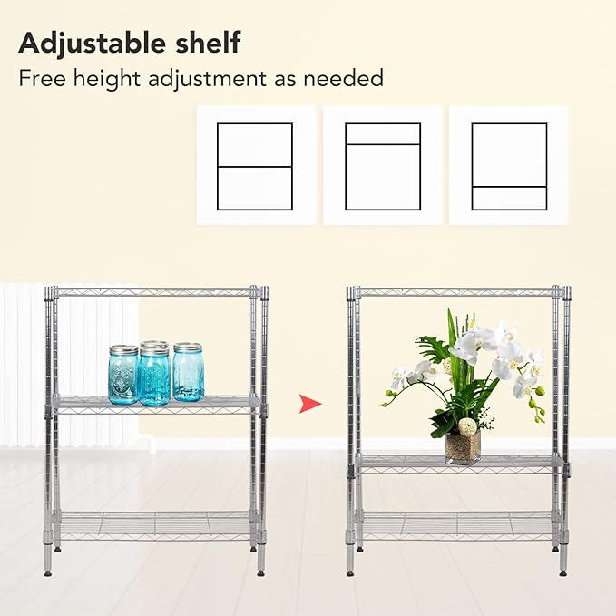 BestOffice 23Lx13.2Wx30.2H Adjustable Metal Storage Shelves 3-Tier Wire Shelving Unit Organizer Wire Rack 450Lbs Capacity for Small Places Kitchen Garage,Chrome BestOffice