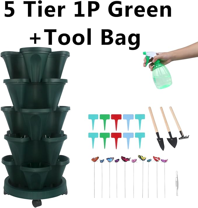 GameXcel Vertical Planter, 5 Tier Stackable Strawberry Planter with Garden Tool Set, Movable Indoor/Outdoor Garden Herb Pot for Growing Vegetables and Succulents, Green GameXcel