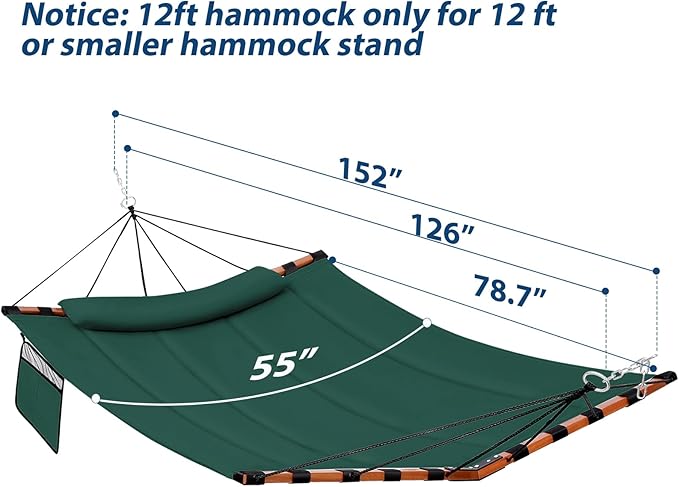 12FT 2 Person Hammock TegerDeger Large Hammock 450LB Capacity with V Shaped Hardwood Spreader Bar & Nylon Rope for Outside, Patio, Garden, Backyard, Beach, Poolside - Dark Green Tegerdeger