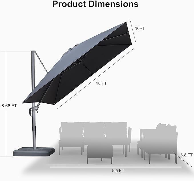 PURPLE LEAF 10 FT Outdoor Umbrella with Base Patio Cantilever Aluminum Umbrella with 3 Years Fade Resistance Recycled Fabric Offset Square with 360-degree Rotation for Deck Pool Garden, Graphite Grey Rootora