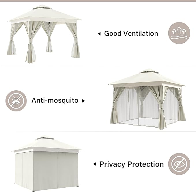 LAUSAINT HOME Semi-Permanent Outdoor Patio Gazebo 10'x10', Heavy Duty Party Tent Shelter with Double Roofs, Mosquito Nettings and Privacy Screens for Backyard, Garden, Lawn, Cream White LAUSAINTHOME