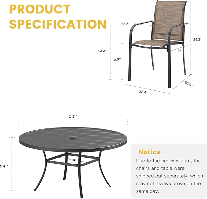 VICLLAX Large Patio Dining Furniture Set, Outdoor Dining Set for 10-60" Round Outdoor Table and Patio Stackable Chairs, Black Tabletop and Brown Fabric HOME