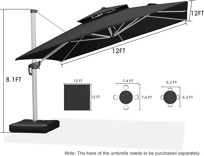 PURPLE LEAF 12 Feet Double Top Deluxe Square Patio Umbrella Offset Hanging Umbrella Cantilever Outdoor Market Umbrella Garden, Black PURPLELEAF