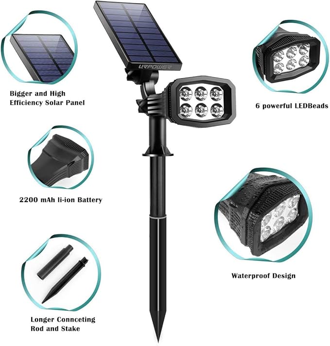 URPOWER Solar Lights Outdoor 2-in-1 Waterproof Solar Spotlight Auto On/Off Wall Lights Pathway Lights Landscape Lighting for Yard Garden Pool - Cool White (2 Pack) URPOWER