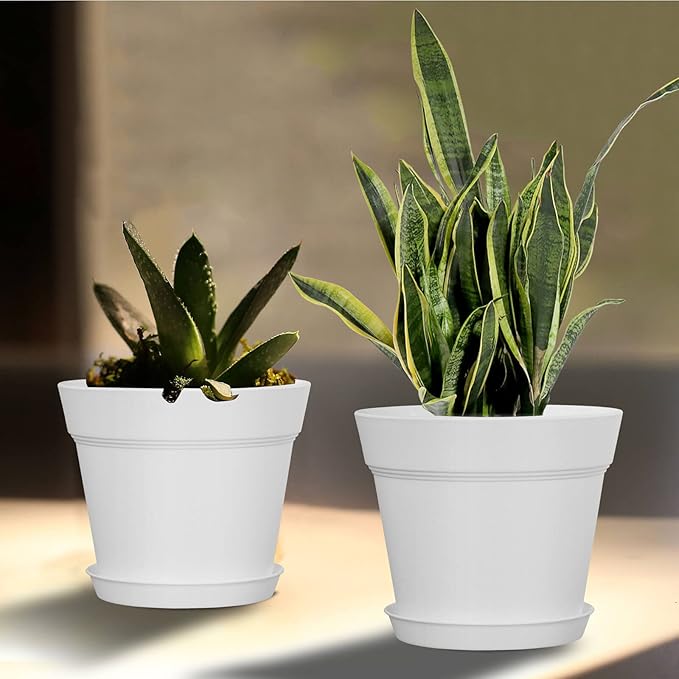 WOUSIWER 16 Pack 6 inch Plastic Planters for Indoor Flower Pots, Heavy Duty and Stylish 6 Inch Plant Pots for Indoor Plants with Drainage Holes and Tray for Plants, Flowers, White WOUSIWER