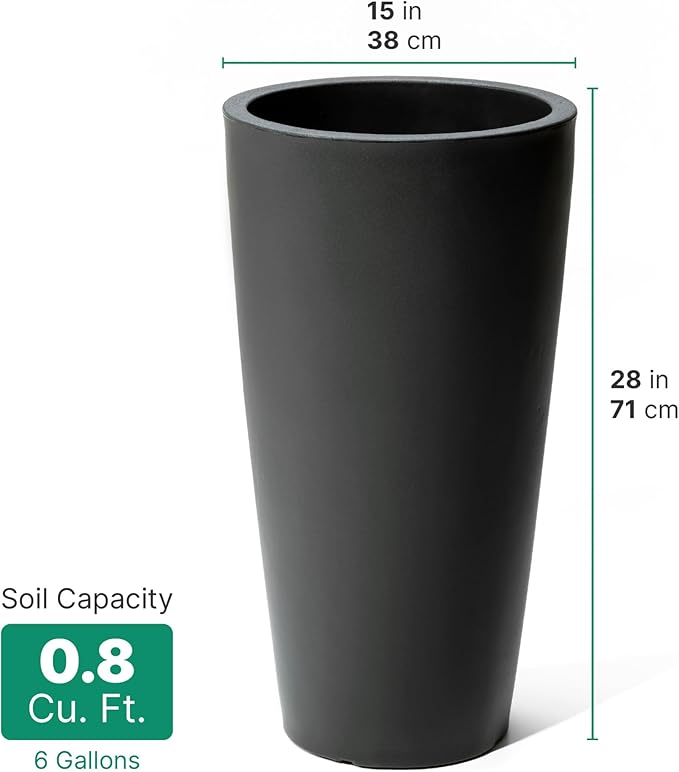 Step2 Tremont Tall Round Tapered Planter, 28" Tall, Indoor/Outdoor Plants, Efficient Drainage, Durable Resin, Onyx Black Step2