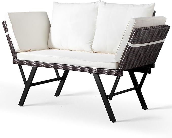 VINGLI Outdoor Loveseat, Woven Rattan Outdoor Sofa with Adjustable Armrests, Patio Loveseat with Removable Cushions and Pillows, Convertible Patio Couch for Yard Pool Balcony VINGLI