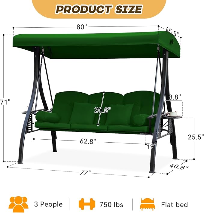 3 in 1 Outdoor Porch Swing with Adjustable Canopy, 3 Seat Outdoor Swing for Adults, Patio Swing Chair with Thickened Cushions,Pillows & Cup Holders for Backyard, Porch, Garden (Green) YALISSEY