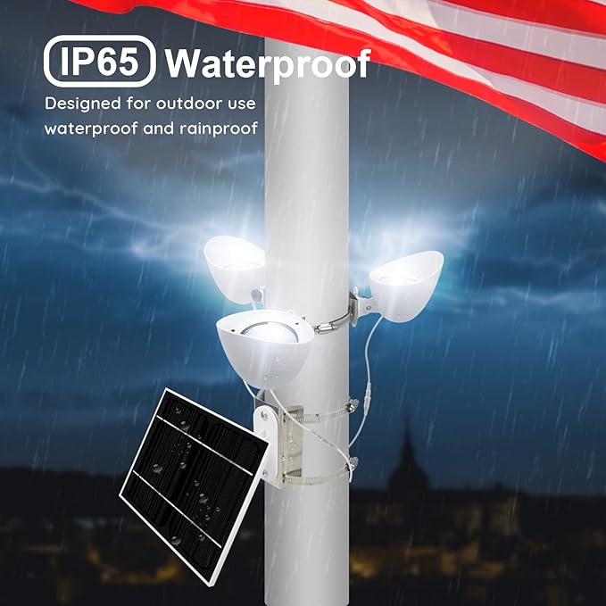 Solar Flag Pole Light, 3 Super-Spotlights LEDs, Adjustable Metal Clamps Fits 2-6''Flag Poles, IP65 Waterproof Outdoor Solar Powered Flagpole Lights, 360 Degrees of Flag Illumination, White ENRYBIA