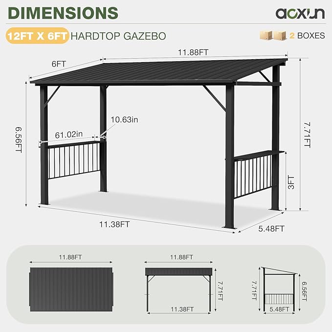 Aoxun 12x6 FT Hardtop Grill Gazebo with 2 Side Shelves & Hooks for Outdoor Grill, Outdoor BBQ Gazebo Canopy with Sloping Steel Roof, Permanent Metal Gazebo for Patio, Backyard, Lawn, Deck Aoxun
