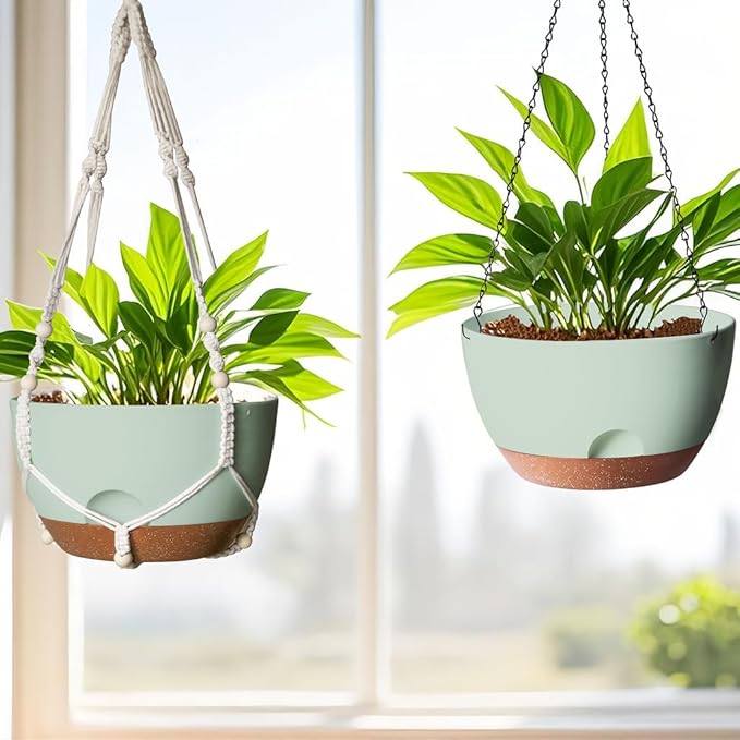 12 Inch Hanging Baskets for Plants Outdoor, Hanging Planters for Indoor Outdoor Plants, Hanging Planter with Self Watering, Hanging Flower Pots (Green Planter with Macrame + Iron Hangers) LesOasis