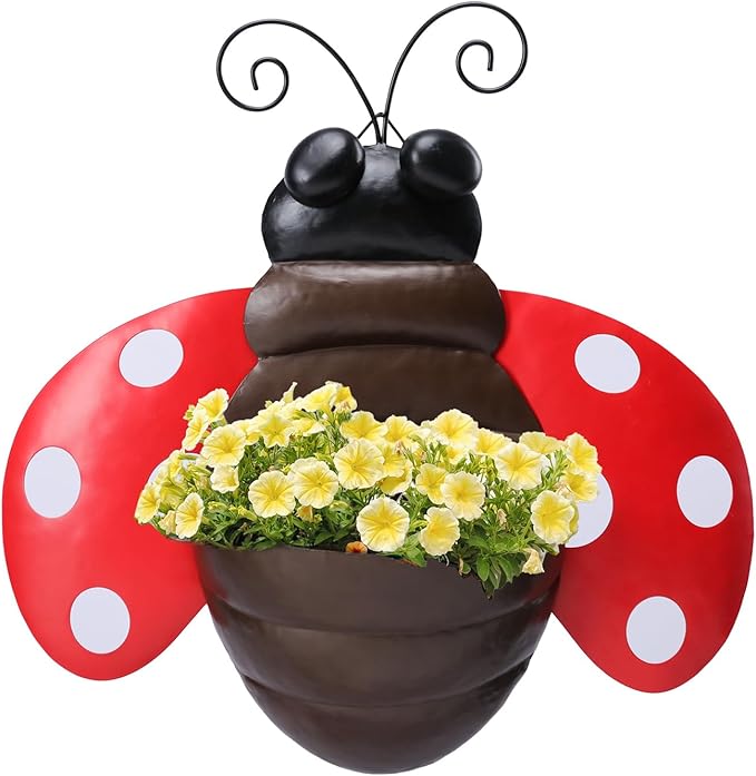 Metal Wall Planter Ladybug Wall Mounted Planters Small Flower Pot with Drainage for Indoor Outdoor Farmhouse Hanging Planter Succulent Plant Container Vertical Garden Yard Decor Chonsun