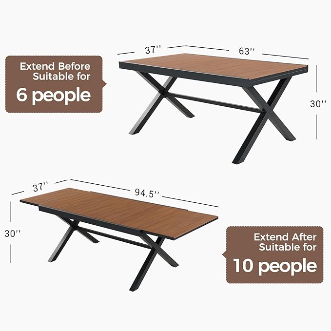 Grand patio 9-Piece Outdoor Dining Set, 8 Leather-Look Wicker Blue Swivel Patio Chairs & 1 Extendable Rectangular Dining Table, Brown GrandPatio