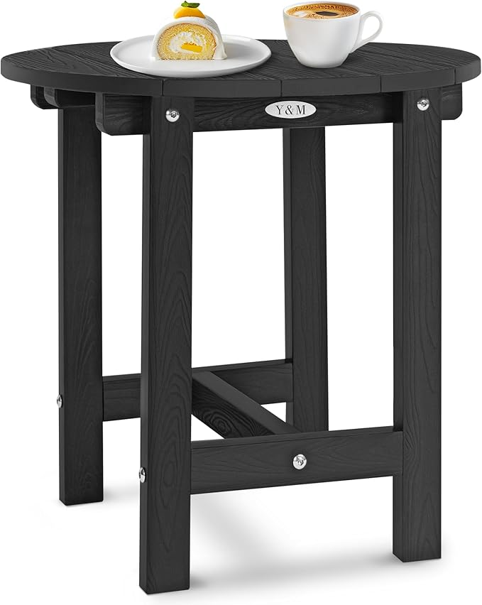 Y&M Outdoor Side Table, Waterproof Four-Legged Round Entryway End Table, Single-Tier HDPE Modern Small Coffee Nightstand for Bedroom, Living Room, Patio, Indoor or Outdoor Use, Black YM