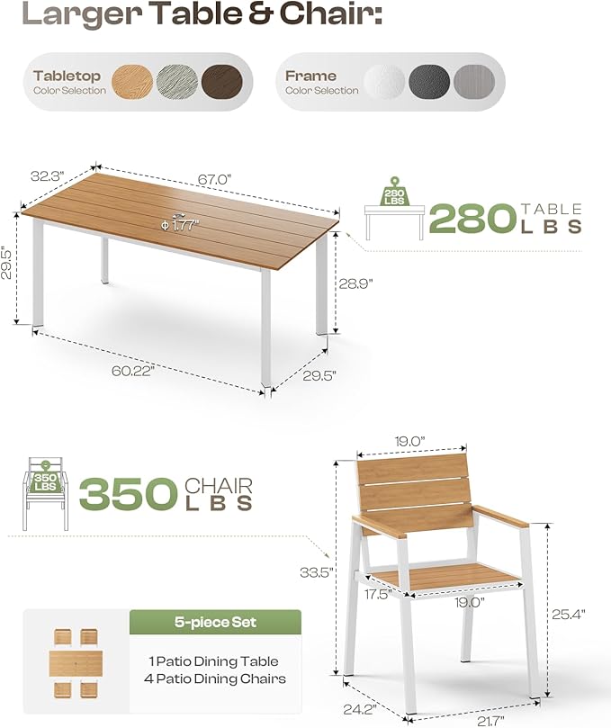 67"*32.3"*29.5" Patio Dining Table, Seamless Rectangle Aluminum + HDPS Outdoor Patio Dining Table with Umbrella Hole, Weather-Resistant for Lawn, Garden, Yard and Indoor Use (White & Teak) Oasbira