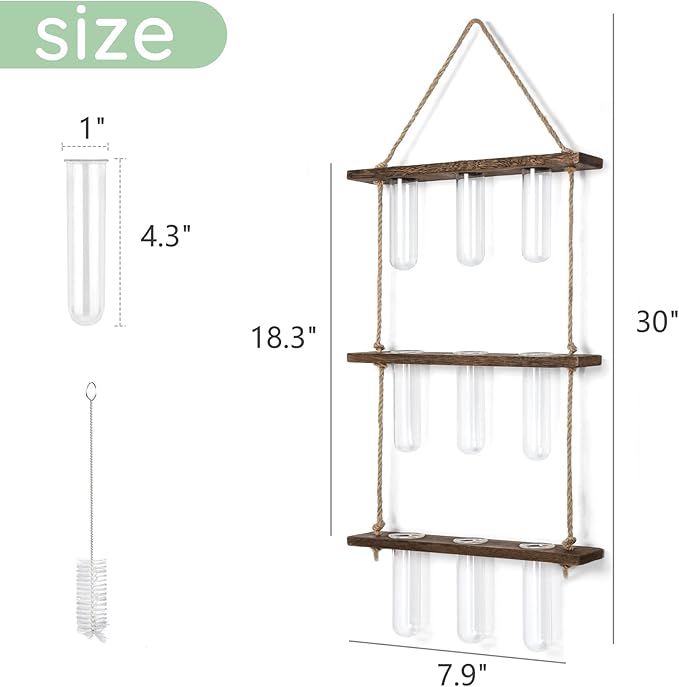 Mkono Plant Propagation Tubes, 3 Tiered Wall Hanging Terrarium with Wooden Stand Flower Vase Test Tube Glass Planter Stations for Hydroponic Cutting Home Garden Office Decor (Brown, Small) Mkono