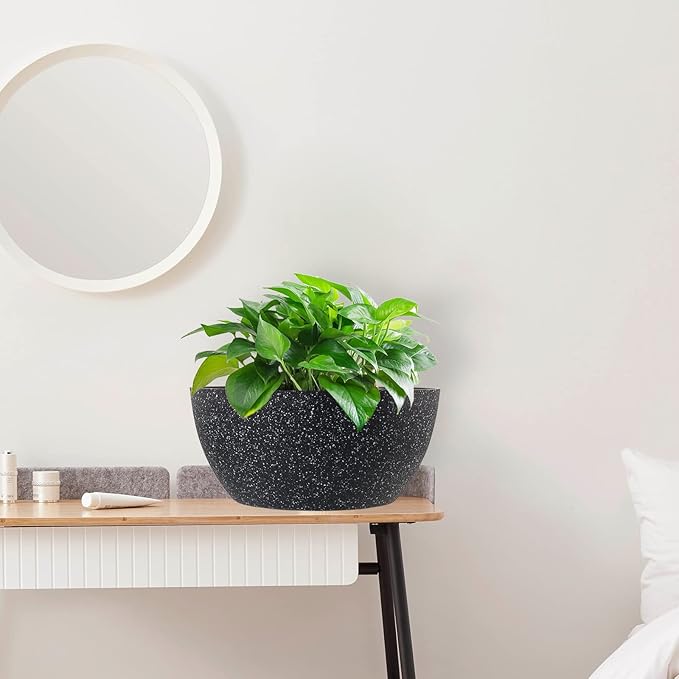 13 inch Large Hanging Planters Plant Pots for Outdoor Indoor Plants with Drainage Holes and Chain, 2 Pack Round Hanging Flower Pots for Garden Home Porch Decor, Speckled Black WSMKSZ