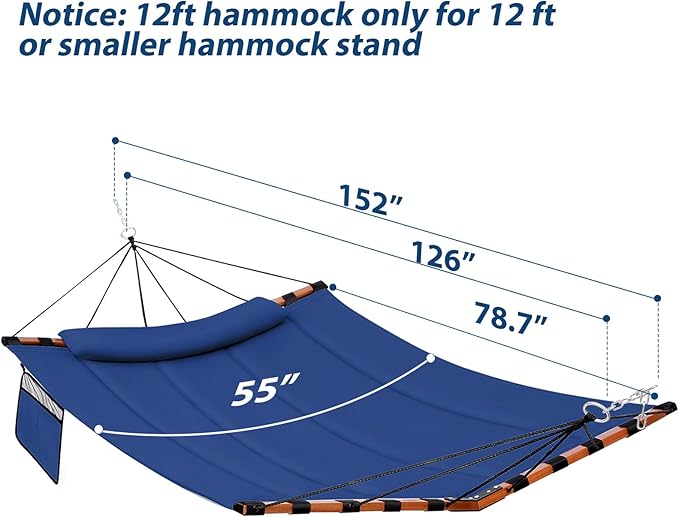 TegerDeger 12FT 2 Person Hammock Large Hammock 450LB Capacity with V Shaped Hardwood Spreader Bar & Nylon Rope for Outside, Patio, Garden, Backyard, Beach, Poolside - Blue Tegerdeger
