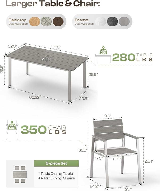 67" Rectangle HDPS Patio Dining Table, Aluminum Outdoor Patio Dining Table with Umbrella Hole, Weather-Resistant for Lawn, Garden, Yard, Poolside and Indoor Use (Gray & Teak) Oasbira
